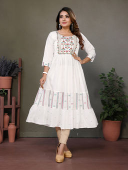 Rangita - Women Off White Rayon Embroidered Calf Length Tiered Flared Kurta