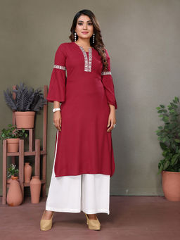Rangita - Women Maroon Rayon Embroidered Calf Length Straight Kurta