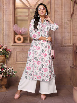 Rangita - Women White Cotton Embroidered Calf Length A-Line Kurta