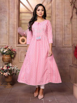 Rangita - Women Pink Cotton Embroidered Calf Length Kurta