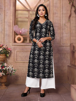 Rangita - Women Black Cotton Printed Calf Length Straight Kurta