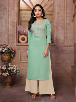 Rangita - Women Green Rayon Embroidered Calf Length Straight Kurta