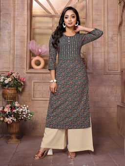 Rangita - Women Green Cotton Printed Calf Length Straight Kurta