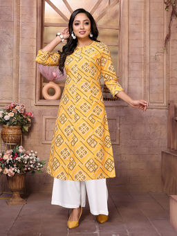 Rangita - Women Yellow Cotton Printed Calf Length A-Line Kurta