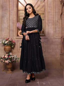 Rangita - Women Black Rayon Embroidered Ankle Length Tiered Flared Kurta