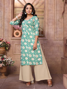Rangita - Women Turquoise Rayon Floral Calf Length Straight Kurta