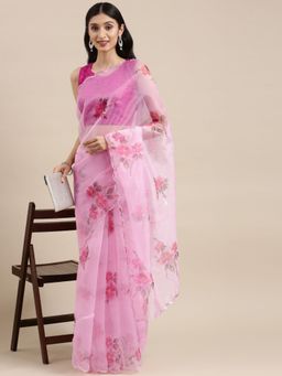 Vastranand - Pink Organza Party Wear Saree With Stone Work Flower Butta with Unstitched Blouse
