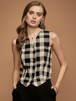 KASSUALLY - URBANGRACE BY KASSUALLY Womens Black V-Neck Ckecked Waistcoat