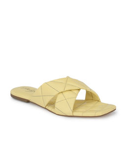 Delize - Womens Yellow Solid Vegan Leather, Quilted Cross Strap Flat Sandals