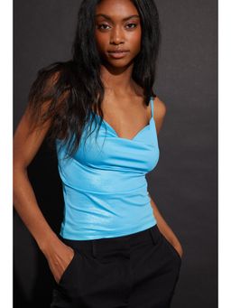 NA-KD - Shiny Waterfall Neckline Singlet-blue
