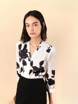 FABLE STREET - Satin Floral Print Top - White and Black