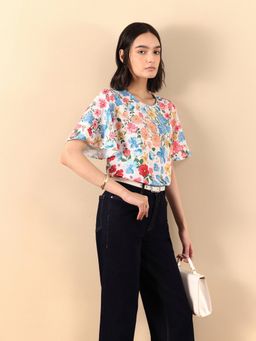 FABLE STREET - Floral Print Bell Sleeves Top - Multi Color