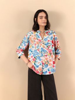 FABLE STREET - Floral Print Mandarin Neck Top - Multi Color