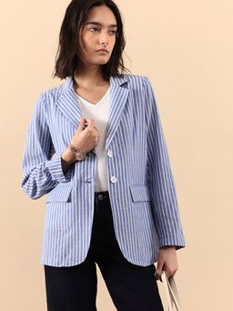FABLE STREET - Linen Single Breasted Blazer - Blue