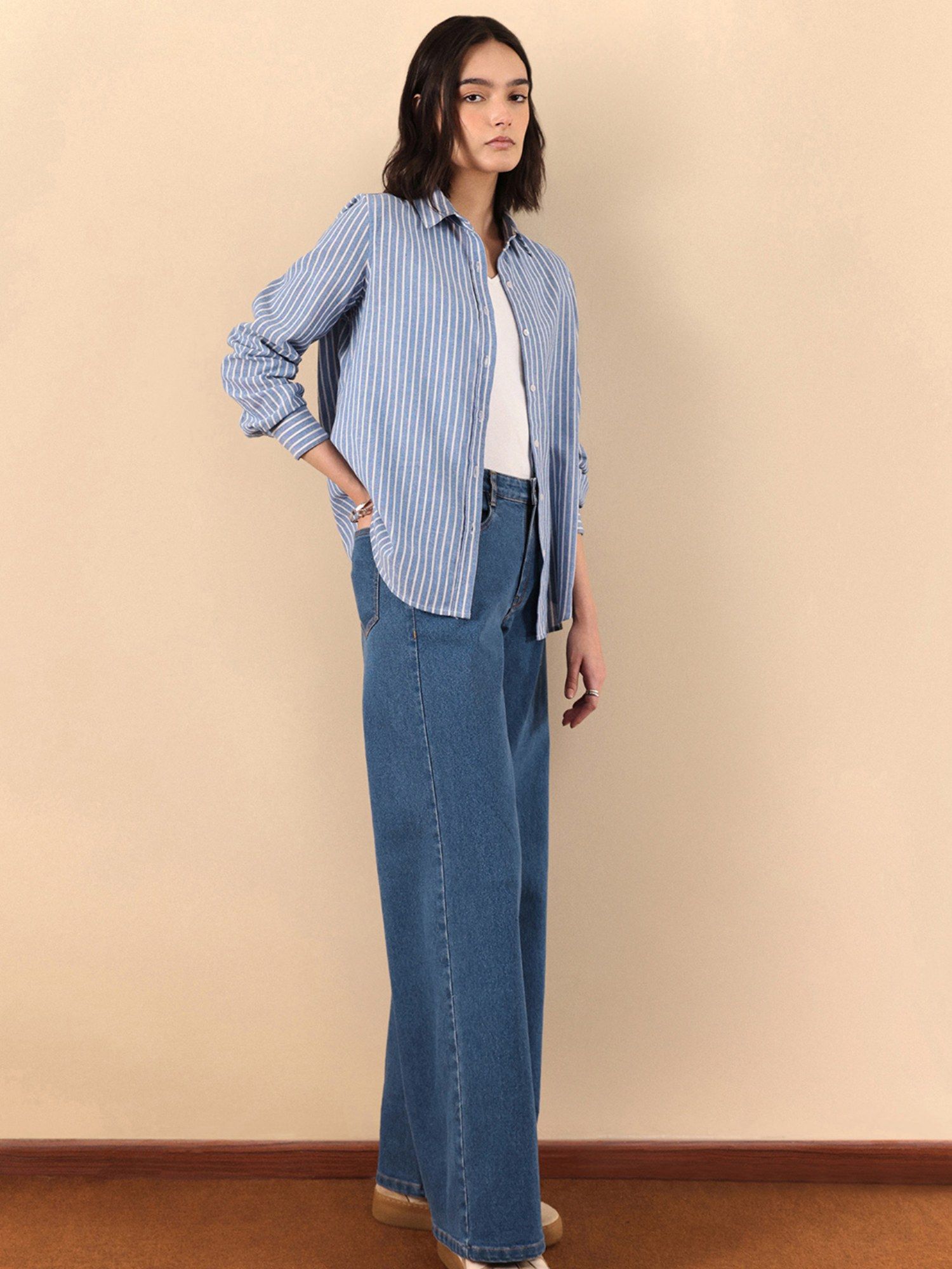 fable street Cotton Linen Stripes Shirt - Blue-picture-13