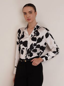 FABLE STREET - Satin Floral Shirt - White And Black