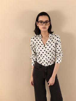 FABLE STREET - Satin Polka Dot Shirt - Off White & Black