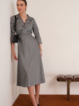 FABLE STREET - White Stretchable Satin Striped Dress