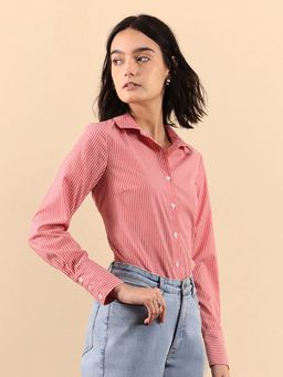 FABLE STREET - Cotton Blend Striped Shirt - Red and White