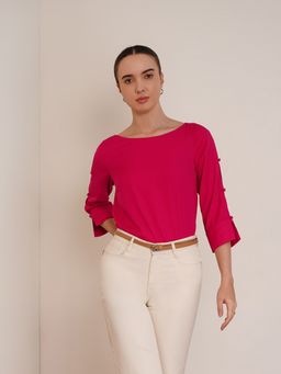 FABLE STREET - Polyester Moss Lycra Regular Fit 3/4 Sleeve Boat Neck Fuchsia Women Top