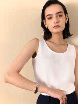 FABLE STREET - Polyester Regular Fit Sleeveless Round Neck White Women Top