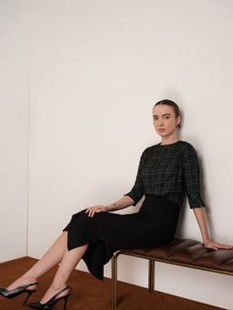 FABLE STREET - High Round Neck Printed Plaid Top Black & Green