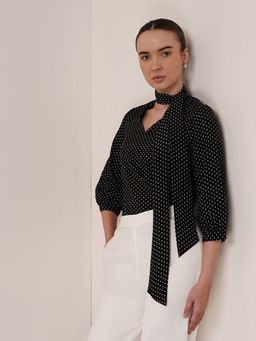 FABLE STREET - Bow Neck Polka Top Black & White