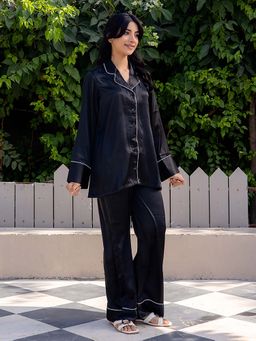 Label Aditi Hundia - Noir Satin Solid Nightwear Shirt and Pant