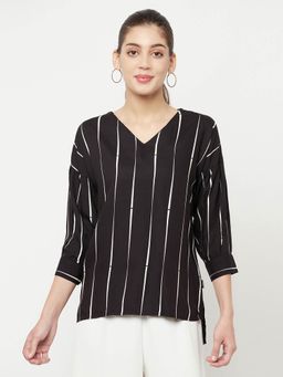 CRIMSOUNE CLUB - Women Black Striped V-Neck Top