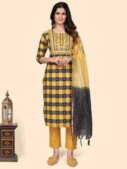 Vbuyz - Print & Embroidered Cotton Yellow Stitched Kurta Pant With Dupatta (Set of 3)