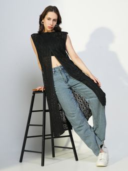 SHOWOFFFF - Women's Black Solid Longline Shrug