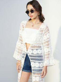 SHOWOFFFF - Women's White Solid Longline Crochet Shrug