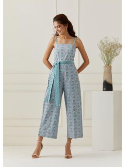GRASS & SUNSHINE - Grey Cotton Printed Jumpsuit with Belt (Set of 2)