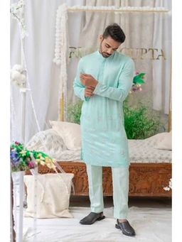 Runit Gupta - Powder Blue Cutpipe Embroidered Kurta With Pyjama (Set of 2)
