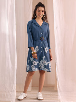Libas - Blue Floral Printed Panelled Shirt Dress with Belt