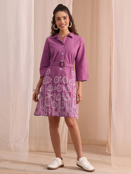 Libas - Lavender Floral Printed Panelled Shirt Dress with Belt