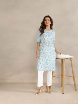 Fabindia - Blue Cotton Printed Regular Fit Kurta