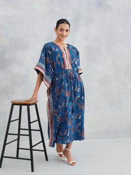 Fabindia - Blue Cotton Dabu Printed Kaftan Dress