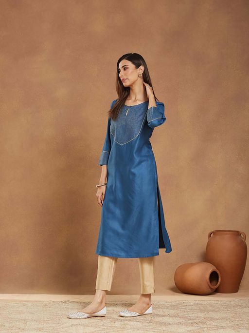 fabindia silk dresses Buy Fabindia Blue Viscose Silk Embroidered Long Kurta (XS) Online