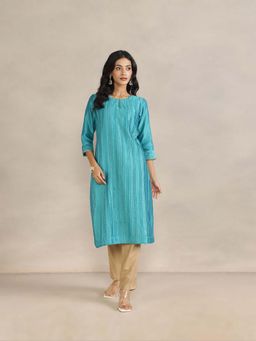 Fabindia - Blue Cotton Silk Pintucks Long Kurta