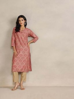 Fabindia - Pink Cotton Silk Hand Block Printed Long Kurta