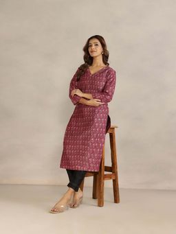 Fabindia - Purple Cotton Silk Printed Regular Fit Kurta