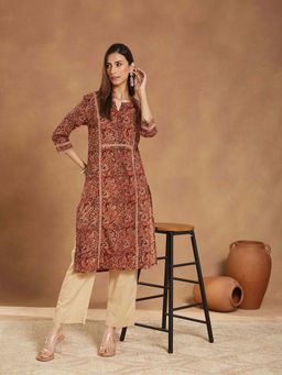 Fabindia - Maroon Cotton Kalamkari Slim Fit Long Kurta