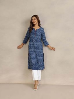 Fabindia - Blue Cotton Printed Regular Fit Kurta