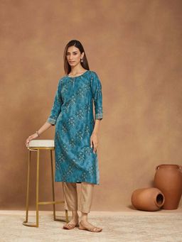 Fabindia - Blue Cotton Silk Hand Block Printed Long Kurta