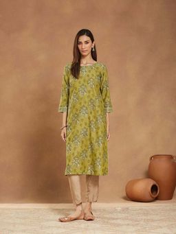 Fabindia - Green Cotton Silk Hand Block Printed Long Kurta