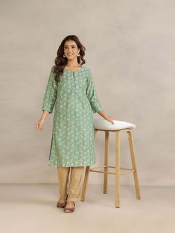 Fabindia - Green Cotton Silk Printed Regular Fit Kurta