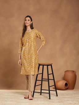 Fabindia - Yellow Cotton Silk Printed Knee Length Kurta