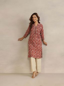 Fabindia - Maroon Cotton Printed Regular Fit Kurta