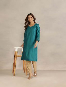 Fabindia - Teal Cotton Silk Embroidered Regular Fit Kurta